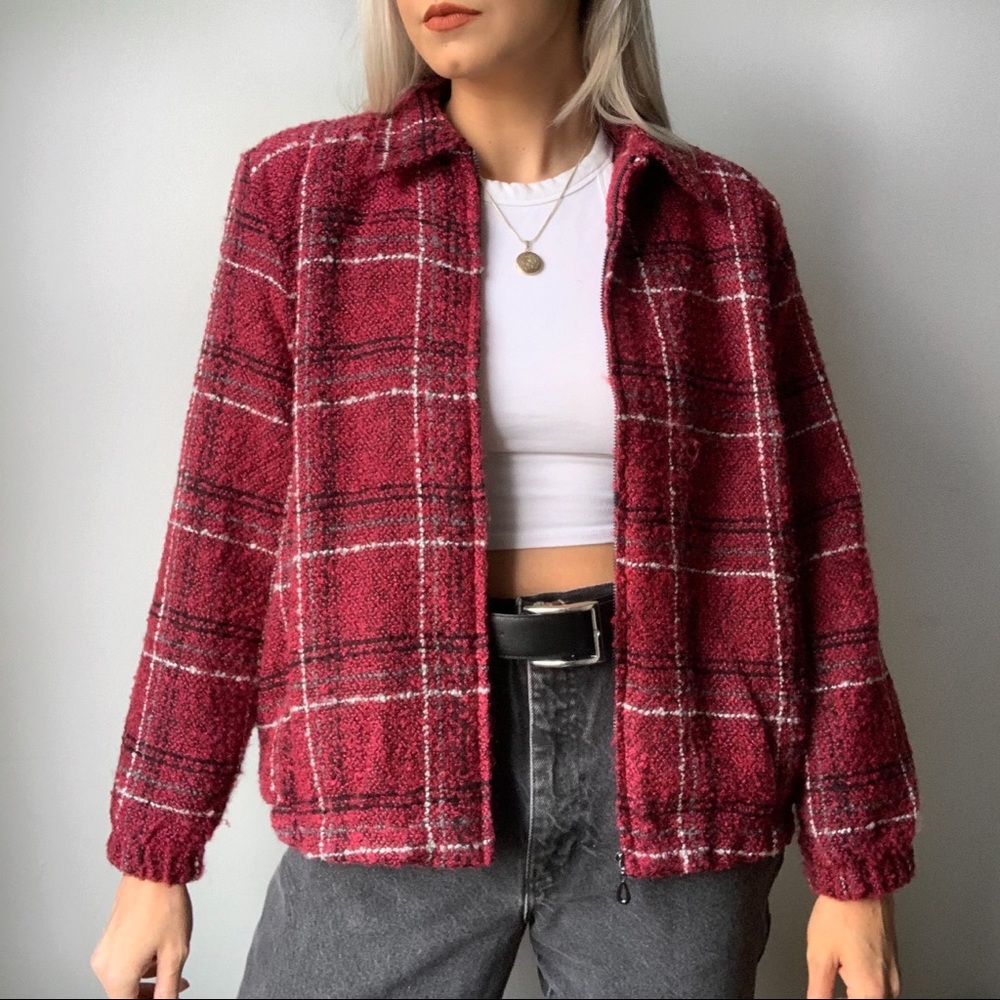 VINTAGE | Alfred Dunner Sherpa Plaid Oversized Zip Up Collared Lined Jacket Coat
